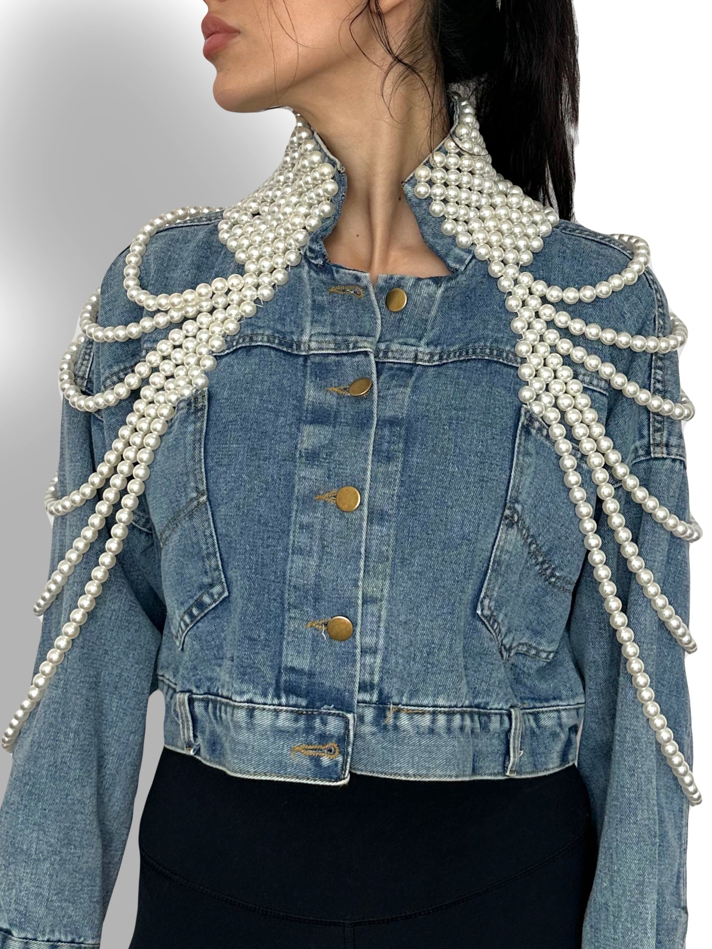 Pearl Elegance Denim Jean Jacket